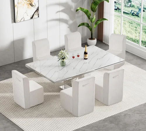 Miniatura 15 de Juego de mesa de comedor extensible marrón de 9 piezas para 8, 63 a 78.74 pulgadas, juego de mesa de cocina y comedor, mesa de comedor extensible