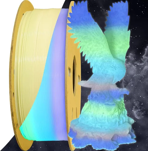 Miniatura 9 de Paquete de filamento PLA para impresión 3D 5 en 1: verde que brilla en la oscuridad, azul, púrpura y arco iris, multicolor, 0.55 libras por carrete