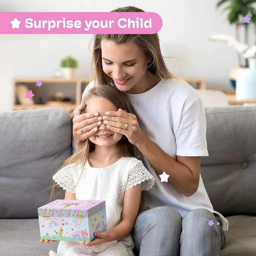 Miniatura 7 de Jewelkeeper - Joyero musical para niñas con unicornio giratorio, caja de música con diseño de arcoíris y estrellas con purpurina para collares