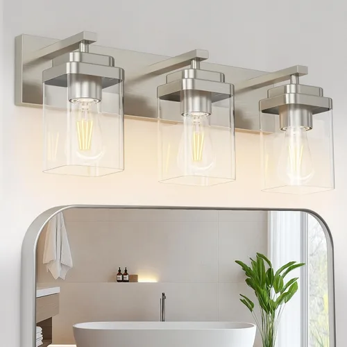 Miniatura 10 de Lámparas de baño de oro cepillado, 4 luces de baño sobre el espejo, diseño cuadrado y placa trasera grande rectangular, accesorios de iluminación