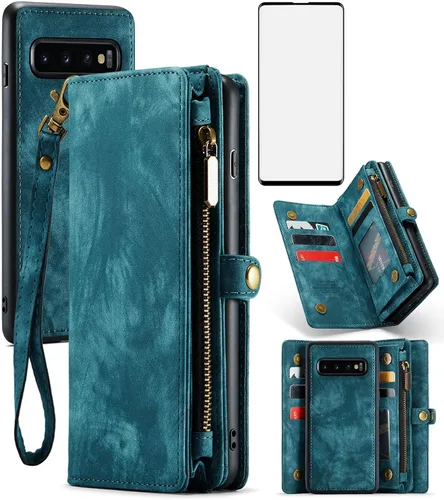 Asuwish Funda de teléfono para Samsung Galaxy S10 Plus con cierre de cremallera, protector de pantalla de vidrio templado y tarjetero abatible,