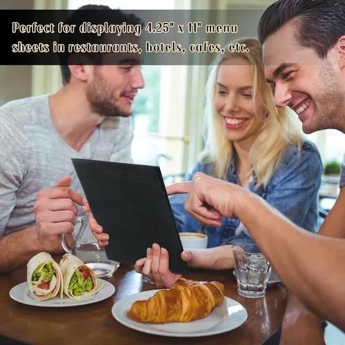 Miniatura 6 de Fundas para menú de restaurante de 4.25 x 11 pulgadas Paquete de 10 paneles de cuero sintético cuádruples con 6 esquinas anguladas para vista