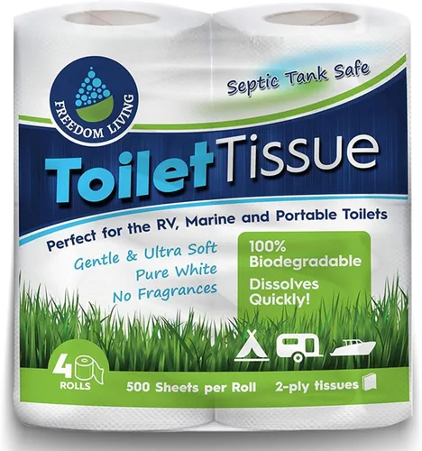 Papel higiénico seguro para fosa séptica (2 capas, 4 rollos) para autocaravana, campamento y el mar, biodegradable. Alternativa natural a los