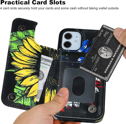 Miniatura 3 de HAOPINSH Funda tipo cartera para iPhone 12 Mini con tarjetero y diseño de girasoles de bandera americana, tapa trasera de piel sintética, ranuras