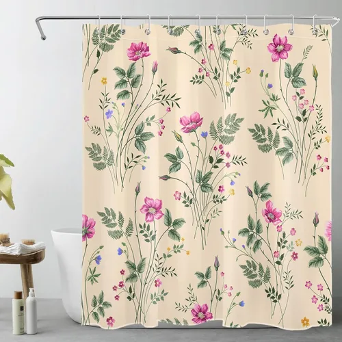 Cortina de ducha floral rosa para baño, flores silvestres y hojas verdes salvia sobre beige, cortinas de ducha con ganchos, juego de cortinas de