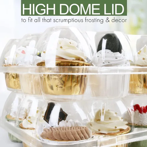 Miniatura 6 de LotFancy (12 unidades x 5 juegos) recipientes para cupcakes con 60 forros, cajas apilables de plástico, soporte desechable para magdalenas con tapa