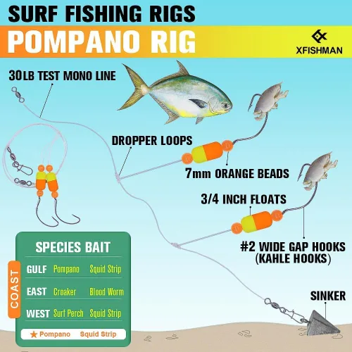 Miniatura 2 de Aparejos Pompano para Pesca de Surf en Agua Salada con Gancho de Doble Círculo y Espacio Amplio - Juego de 6 Accesorios de Pesca de Surf