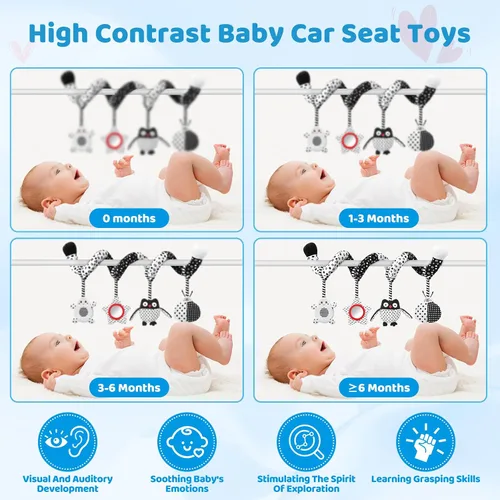 Miniatura 3 de Juguetes para bebés de alto contraste, juguetes colgantes en blanco y negro para asiento de automóvil, cochecito y cuna, esenciales para recién Búho