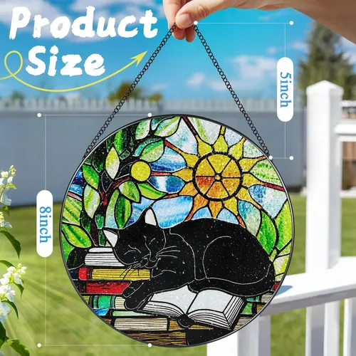 Miniatura 4 de Colgante de Vidriera, Gato Negro de 8 Pulgadas sobre Libro Atrapasol de Vidriera, Decoración Colgante para Ventana, Regalos para Amantes