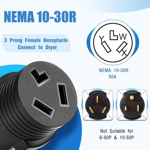 Miniatura 4 de Kanayu Adaptador de Secadora de 30 Amperios Compatible con Nema 6-50p a 10-30r Adaptador de Enchufe Macho de 3 Clavijas a Receptáculo Hembra de 3