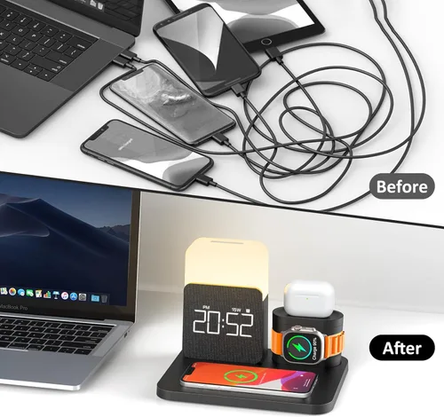 Miniatura 5 de Estación de carga 7 en 1 para iPhone, estación de carga inalámbrica, reloj despertador, luz nocturna, cargador inalámbrico para iPhone 17 16 15 14