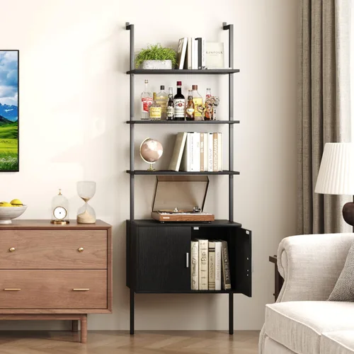 Miniatura 6 de Yusong Estantería alta de 73" con gabinete, estantería tipo escalera para montaje en pared con marco de madera y metal, estantería para plantas