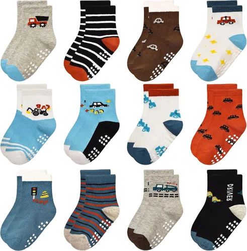 Miniatura 15 de Calcetines antideslizantes para niños pequeños con agarre, 12 pares de calcetines antideslizantes de dibujos animados para niños y niñas