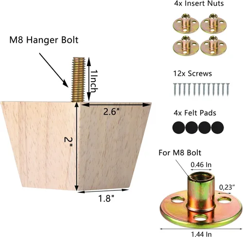 Miniatura 4 de Michanco Juego de 4 patas de muebles de madera sin terminar de 2 pulgadas para sofá, patas cuadradas de repuesto de madera