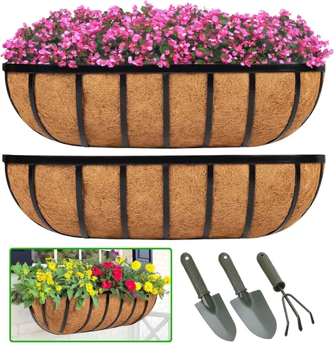 Miniatura 10 de LCHUANG Maceta de barandilla para ventana, paquete de 2 macetas de 24 pulgadas para balcón con forro de coco y fibra de coco, cesta de flores