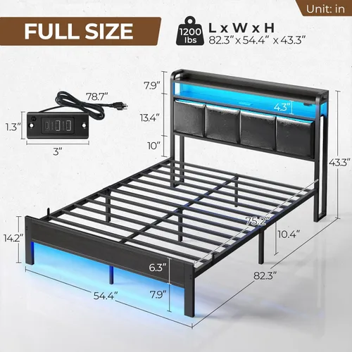 Miniatura 2 de Rolanstar Armazón de cama tamaño Full con estación de carga y luces LED, cabecera de cuero PU con estantes de almacenamiento, listones de metal