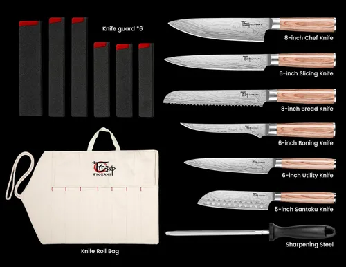 Miniatura 6 de SYOKAMI Juego de cuchillos de chef de 14 piezas con bolsa enrollable, juego de cuchillos japoneses profesionales de acero inoxidable con mango