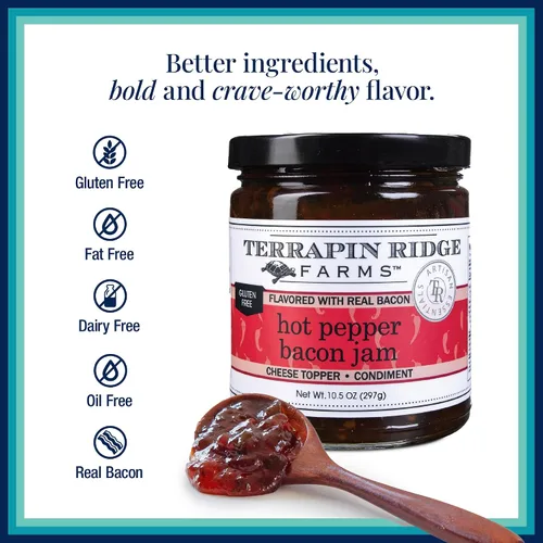 Miniatura 4 de Terrapin Ridge Farms - Mermelada de tocino y pimiento picante - Crema dulce y picante con tocino real y jalapeño - Condimento gourmet para queso