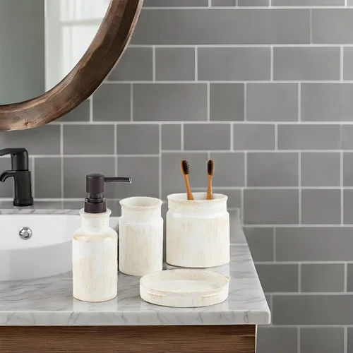 Miniatura 8 de Creative Scents Juego de accesorios de baño rústico de lujo completo - Set de 4 piezas de dispensador de jabón beige para baño incluye: dispensador
