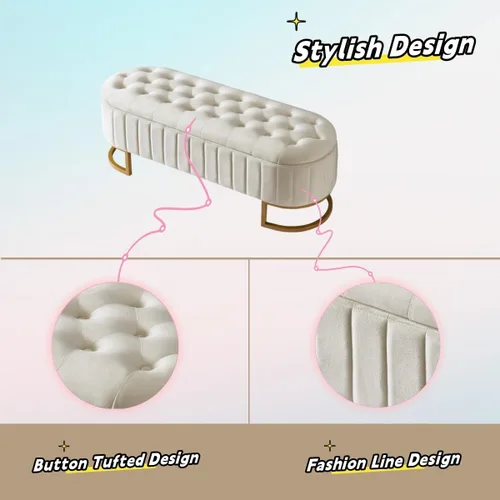 Miniatura 5 de Polibi Elegante otomana tapizada de terciopelo con botones, banco de almacenamiento con patas de metal para dormitorio, sala de estar, entrada, Beige