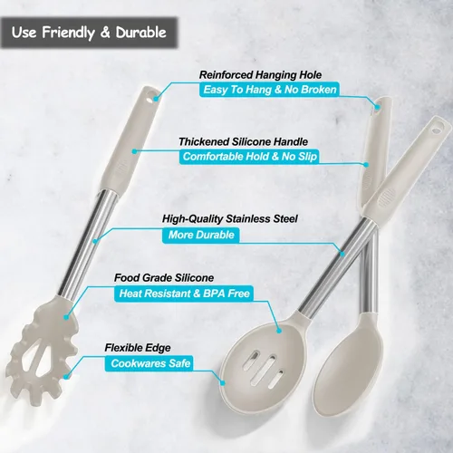 Miniatura 4 de Espátula de silicona y cuchara de cocina, paquete de 5 utensilios de cocina antiadherentes para la cocina, espátulas y cucharas sólidas y ranuradas