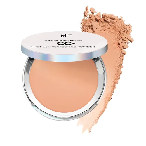IT Cosmetics CC+ Airbrush Perfecting Powder Foundation - Base de maquillaje en polvo prensado de cobertura ligera a completa, difumina poros y