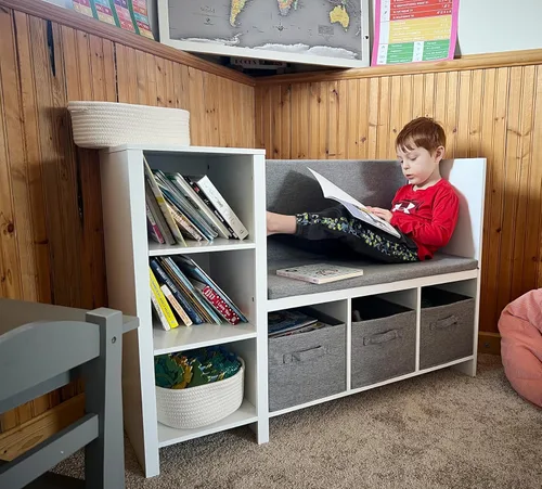Miniatura 4 de UTEX Banco de lectura para niños con estantería, estantería para niños y organizador de almacenamiento con cojín de asiento, banco de lectura
