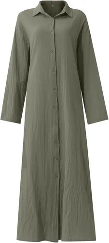Miniatura 4 de UODSVP Vestidos de otoño de algodón y lino a rayas para mujer vestido irregular de temperamento holgado vestidos de manga larga