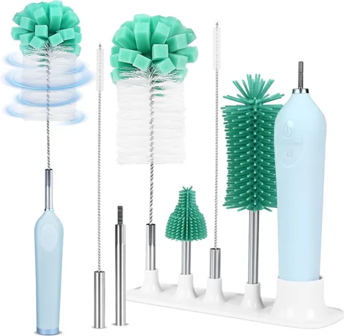 Miniatura 9 de Limpiador eléctrico de cepillo de botellas con soporte, limpiador automático recargable de botellas de agua con mango de extensión de acero