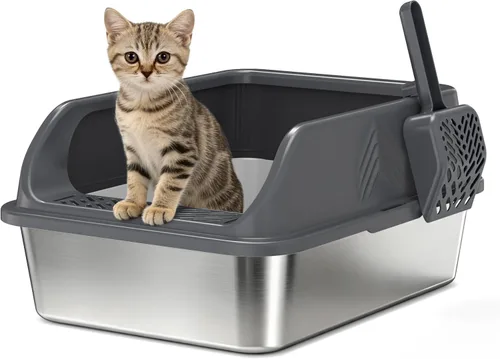 Miniatura 10 de Caja de arena de acero inoxidable con tapa, cajas de arena de metal para gatos de alta cara cerrada para gatos pequeños y gatos lesionados, conejo