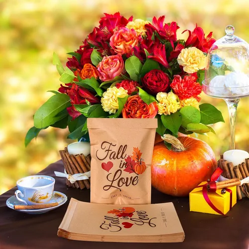 Miniatura 7 de Whaline Paquete de 100 bolsas de dulces para recuerdos de boda de otoño, bolsas de golosinas de calabaza, hojas de arce, autoadhesivas, papel kraft