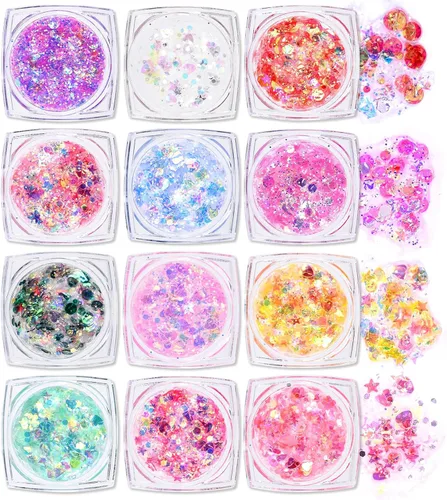 Ownest Juego de gel holográfico con purpurina gruesa de 12 colores, para fiesta de Navidad, maquillaje, cara, cuerpo, labios, cabello, uñas,