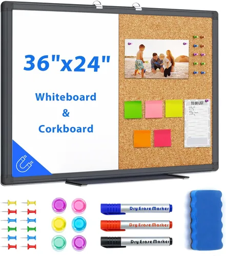 Miniatura 10 de maxtek - Pizarra blanca combinada y tablero de corcho para anuncios 24 x 18, pizarra blanca magnética, tablero combinado de borrado en seco