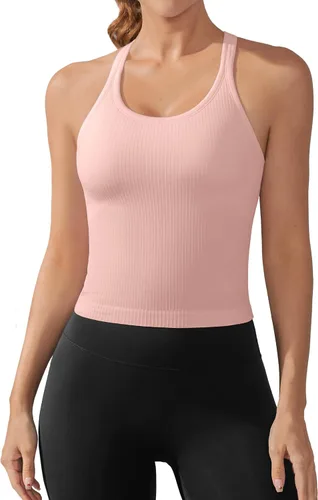 Miniatura 39 de ATTRACO Camiseta corta acanalada de entrenamiento para mujer con brasier integrado para yoga, espalda cruzada, ajuste ajustado