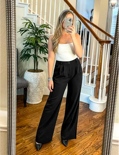 Miniatura 2 de GRAPENT Pantalones de pierna ancha para mujer, para trabajo, negocios, casual, de cintura alta, pantalones de vestir fluidos para la oficina