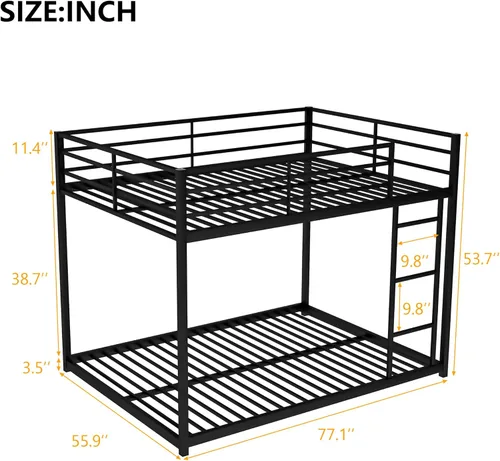 Miniatura 2 de Litera baja de tamaño matrimonial con escalera, litera de metal con barandillas de seguridad para niños, adolescentes y adultos, no requiere somier