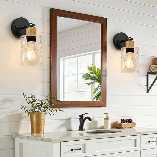 Miniatura 2 de MOKATNG Juego de 2 apliques de pared para baño, luces de tocador modernas costeras con pantalla de cristal, lámpara de pared negra para espejo