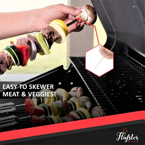 Miniatura 4 de FLAFSTER KITCHEN - Brochetas de barbacoa para asar – Palos de Kebab planos de acero inoxidable de 16 pulgadas con barra de empuje, brochetas