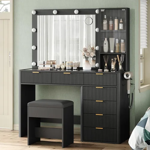 Miniatura 10 de Yanosaku Tocador estriado de 47 pulgadas con espejo y luces LED, tocador de maquillaje de 7 cajones con superficie de vidrio y gabinete, tocador