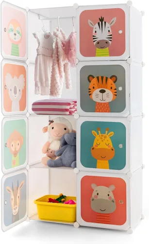 Miniatura 11 de Costzon Armario para Niños, Organizador de Almacenamiento Modular de Tocador de Dibujos Animados DIY con 12 Cubos y 2 Percheros para Colgar Ropa