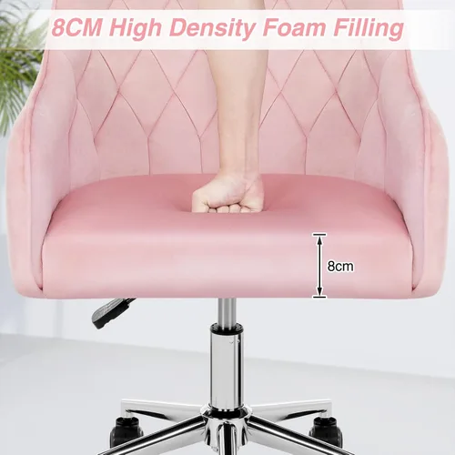Miniatura 4 de VANSPACE Silla de escritorio de terciopelo para maquillaje con ruedas y respaldo, silla de oficina en casa, silla giratoria ajustable para Rosa