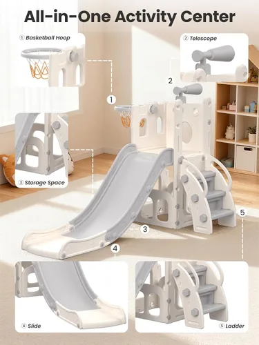 Miniatura 2 de Juego de Tobogán para Niños con Aro de Baloncesto y Telescopio, Tobogán Interior y Exterior para Niños Pequeños y Escalador para Niños y Niñas, Gris