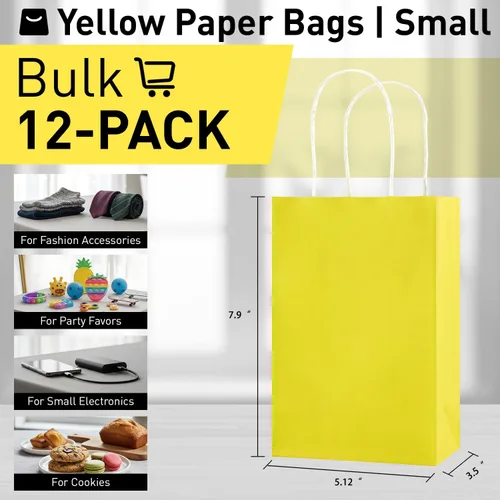 Miniatura 3 de SUNCOLOR Paquete de 12 bolsas de regalo amarillas con asas, pequeñas bolsas de papel reciclables de 8 pulgadas para recuerdos de fiesta, Pascua