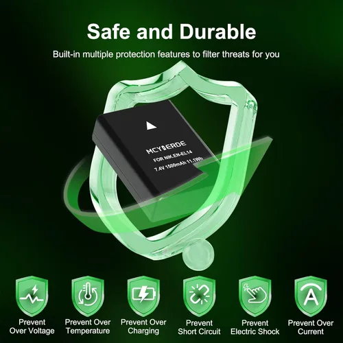 Miniatura 4 de Paquete de 2 baterías de repuesto EN-EL14 EN-EL14a, batería de litio recargable de 1500 mAh compatible con D3100 D3200 D3300 D3400 D3500 D5100 D5200