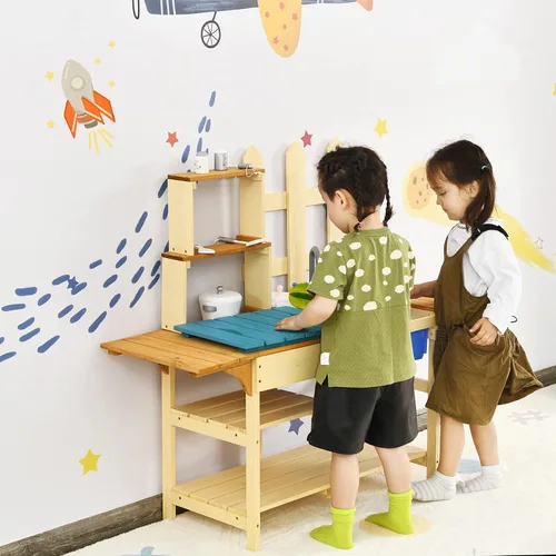 Miniatura 8 de Costzon Cocina de barro para niños al aire libre, cocina de madera con fregadero extraíble, grifo, estantes de almacenamiento, mesa de barro, juego