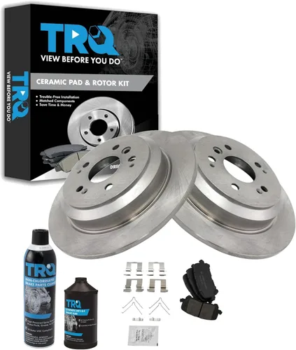 TRQ Kit de pastillas de freno trasero y rotor, kit químico de freno, pastillas de freno de cerámica compatible con Honda Passport 2019-2022 Pilot