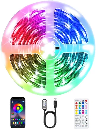 Tiras de Luces LED, 50 pies RGB Inteligente con Sincronización Musical Bluetooth App y Control Remoto, Luces LED Alimentadas por USB para TV,