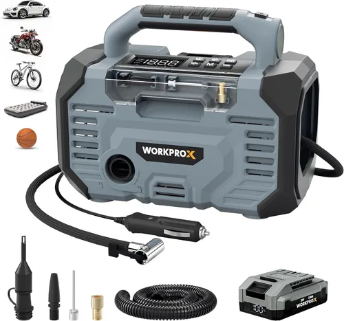 WORKPRO X Inflador de neumáticos Compresor de aire portátil 150PSI - Bomba de aire de coche de batería de 12 V CC y 20 V, 2 modos, apagado