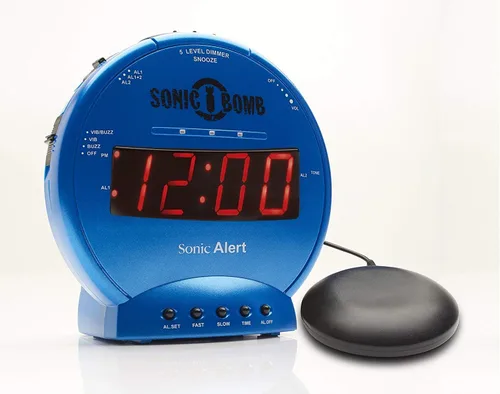 Miniatura 14 de Sonic Bomb - Reloj despertador doble extra fuerte con vibrador de cama, negro Sonic Alert vibrante, para personas de sueño pesado, batería