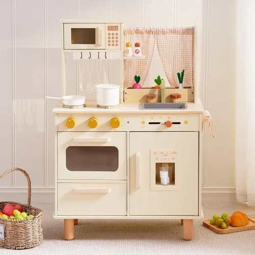 ROBUD Juego de Cocina de Madera para Jugar, Cocina de Juego de Simulación para Niños, Cocina de Juguete con Microondas, Fregadero, Estufa y Máquina